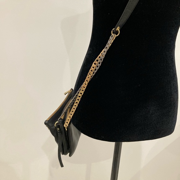 ASH Black Leather Convertible Cross Body Purse Gold Silver Chain - Picture 7 of 14